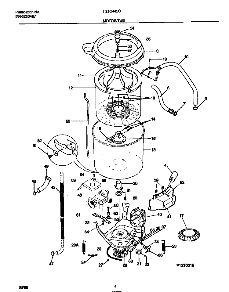 MOTOR / TUB Diagram and Parts List for F21C445CS3  Frigidaire Washer