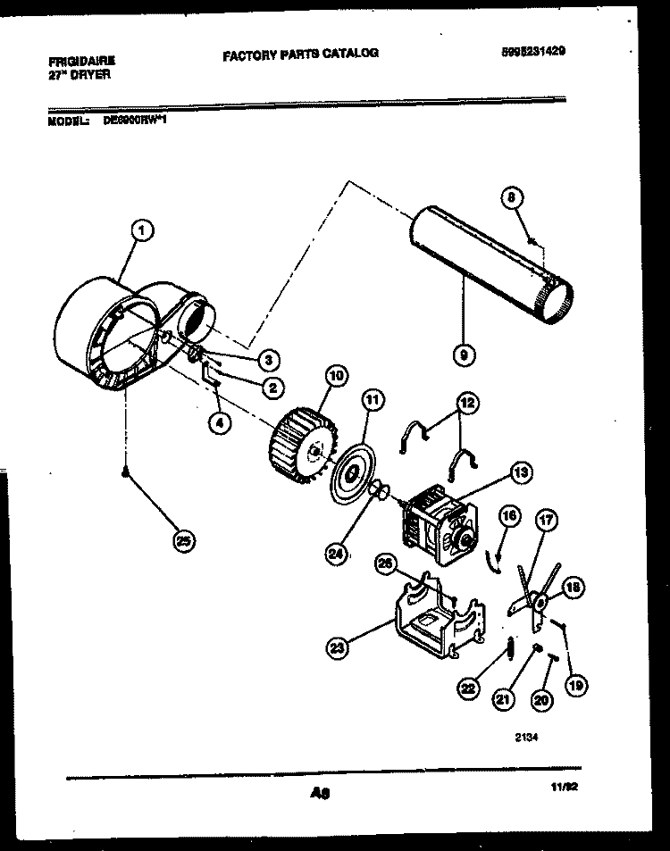 BLOWER AND DRIVE PARTS Diagram and Parts List for DE6900RW1  Frigidaire Dryer
