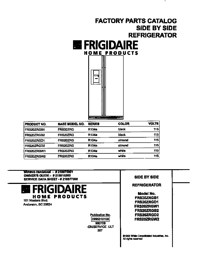 COVER Diagram and Parts List for FRS20ZRGD2  Frigidaire Refrigerator