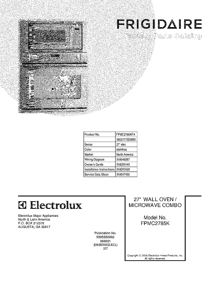 COVER Diagram and Parts List for FPMC2785KFA  Frigidaire Microwave Oven Combo