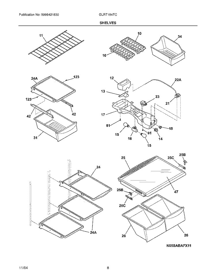 SHELVES Diagram and Parts List for GLRT184TCW2  Frigidaire Refrigerator