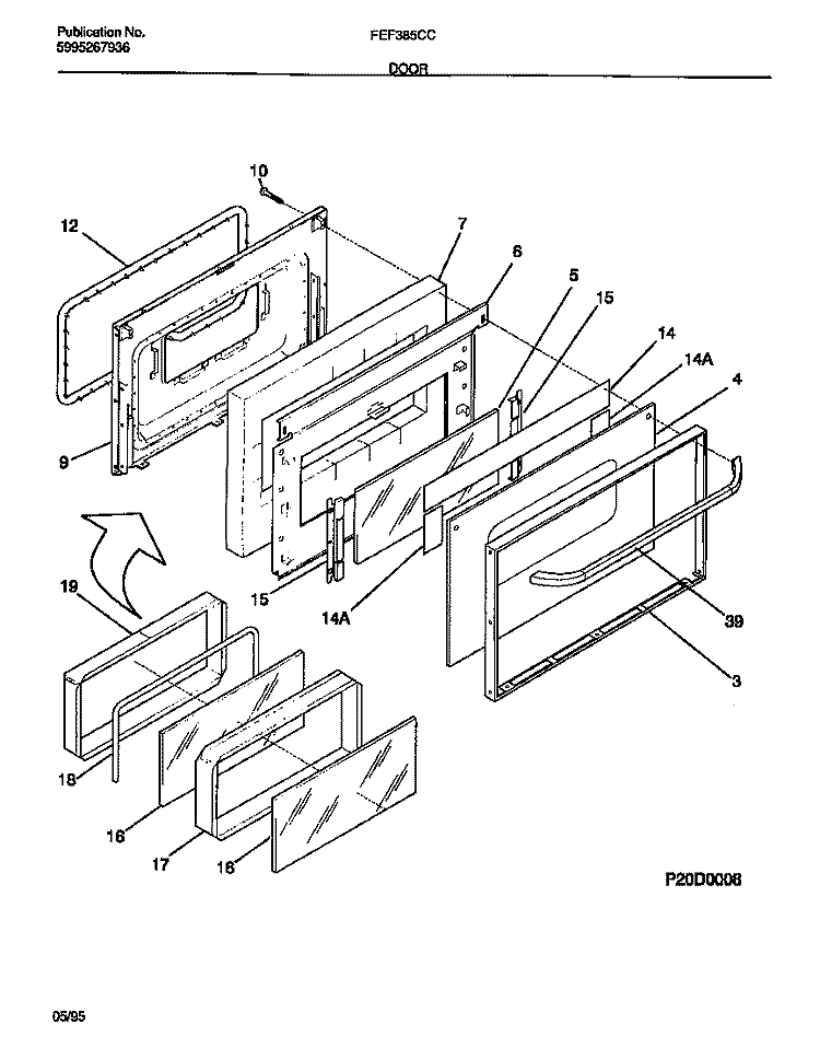 DOOR Diagram and Parts List for FEF385CCSC  Frigidaire Range