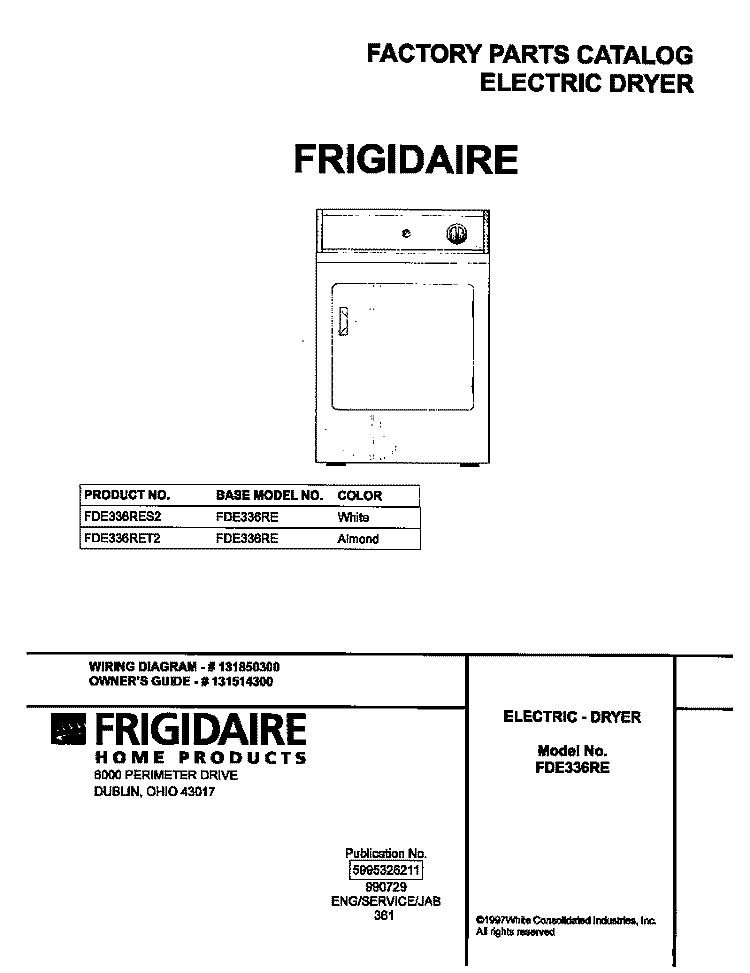 COVER Diagram and Parts List for FDE336RET2  Frigidaire Dryer