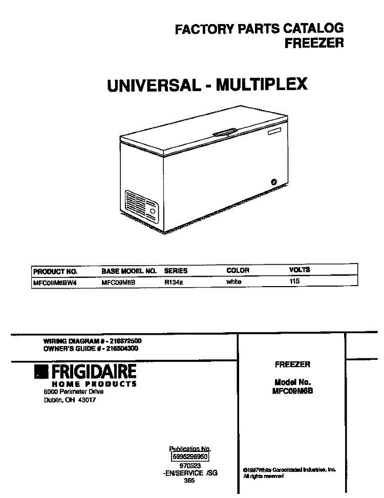 COVER Diagram and Parts List for MFC09M6BW4  Frigidaire Freezer