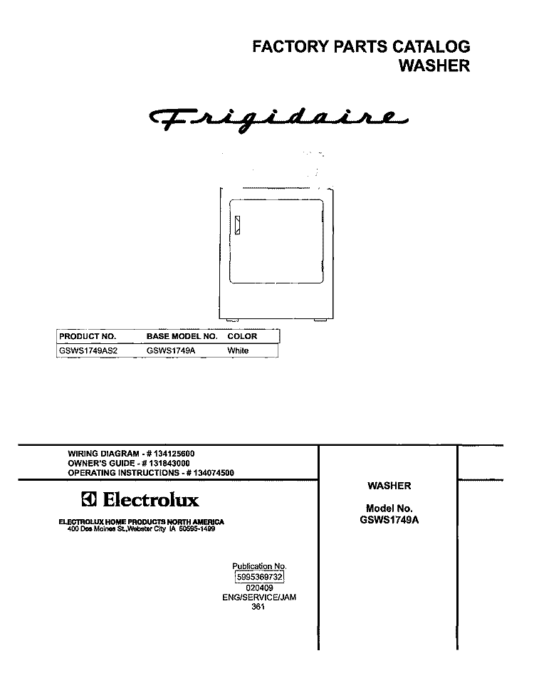 COVER Diagram and Parts List for GSWS1749AS2  Frigidaire Washer