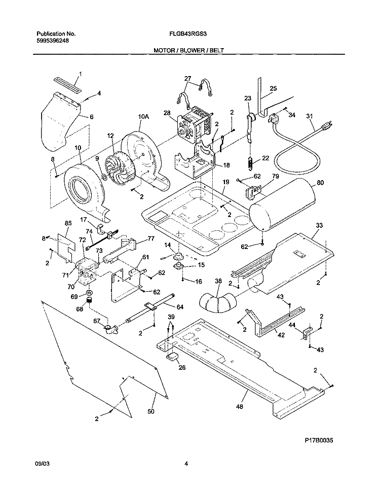 MOTOR / BLOWER / BELT Diagram and Parts List for FLGB43RGS3  Frigidaire Washer Dryer Combo