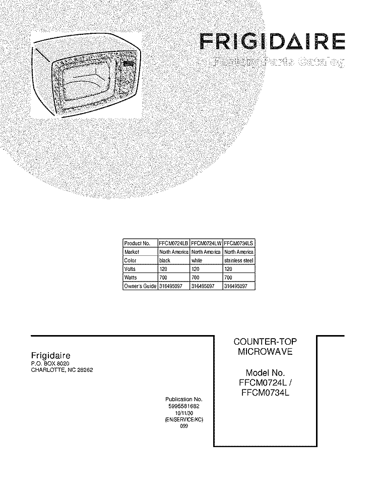 COVER Diagram and Parts List for FFCM0724LW  Frigidaire Microwave