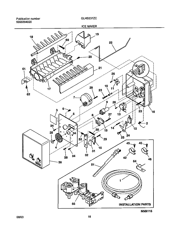ICE MAKER Diagram and Parts List for GLHS237ZCQ1  Frigidaire Refrigerator