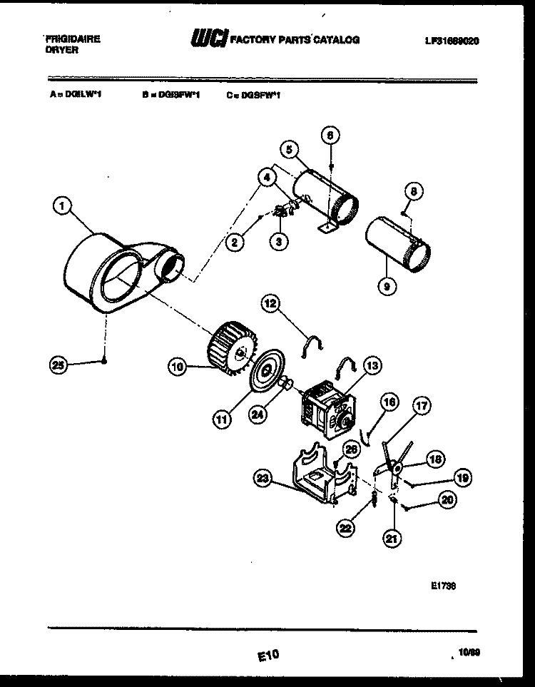 MOTOR AND BLOWER PARTS Diagram and Parts List for DGILW1  Frigidaire Dryer