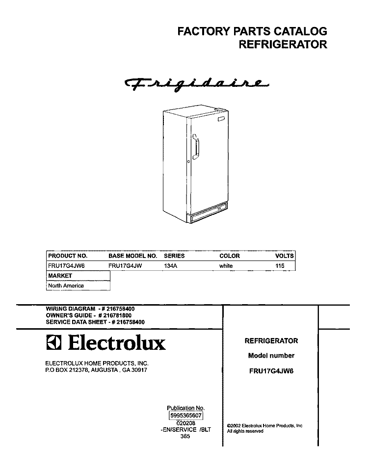 COVER Diagram and Parts List for FRU17G4JW6  Frigidaire Refrigerator