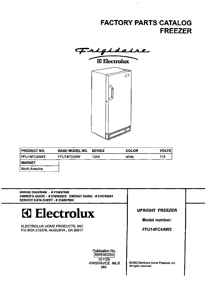 COVER Diagram and Parts List for FFU14FC4AW3  Frigidaire Freezer