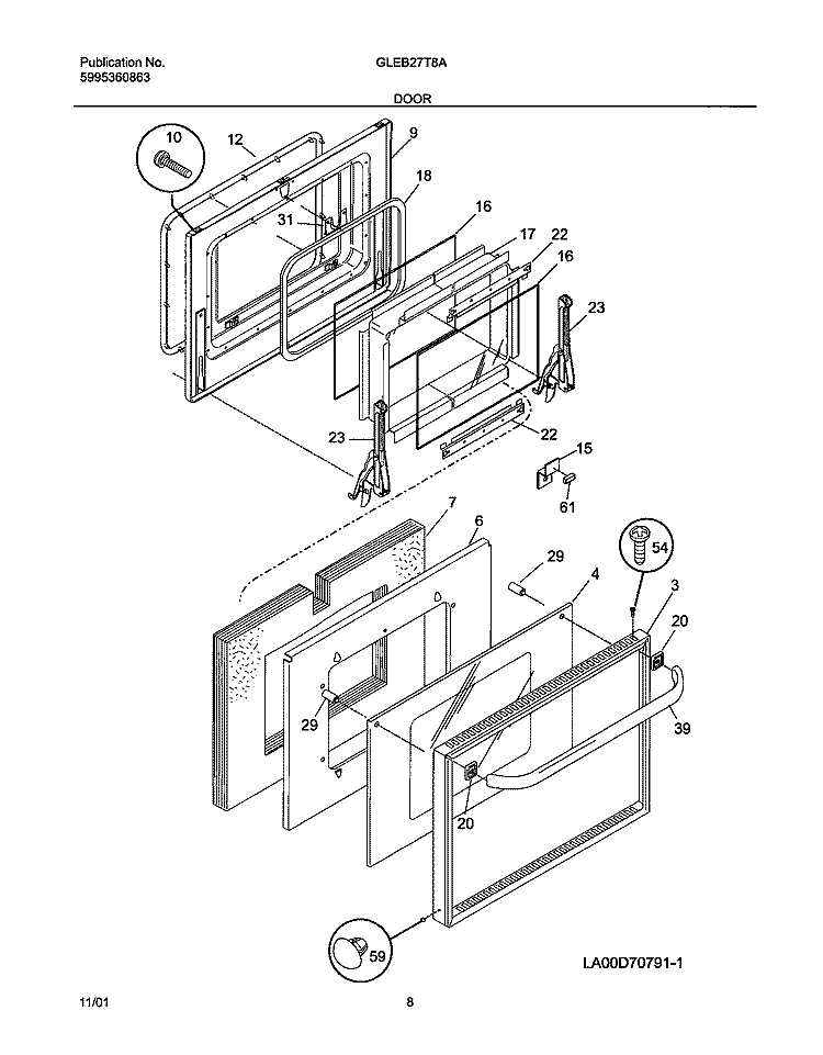 DOORS Diagram and Parts List for GLEB27T8ABA  Frigidaire Wall Oven