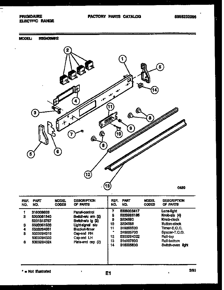 CONTROL PANEL Diagram and Parts List for REG435MRW2  Frigidaire Range