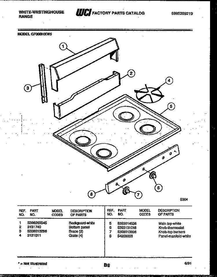 BACKGUARD AND COOKTOP PARTS Diagram and Parts List for GF300HXW5  Frigidaire Range