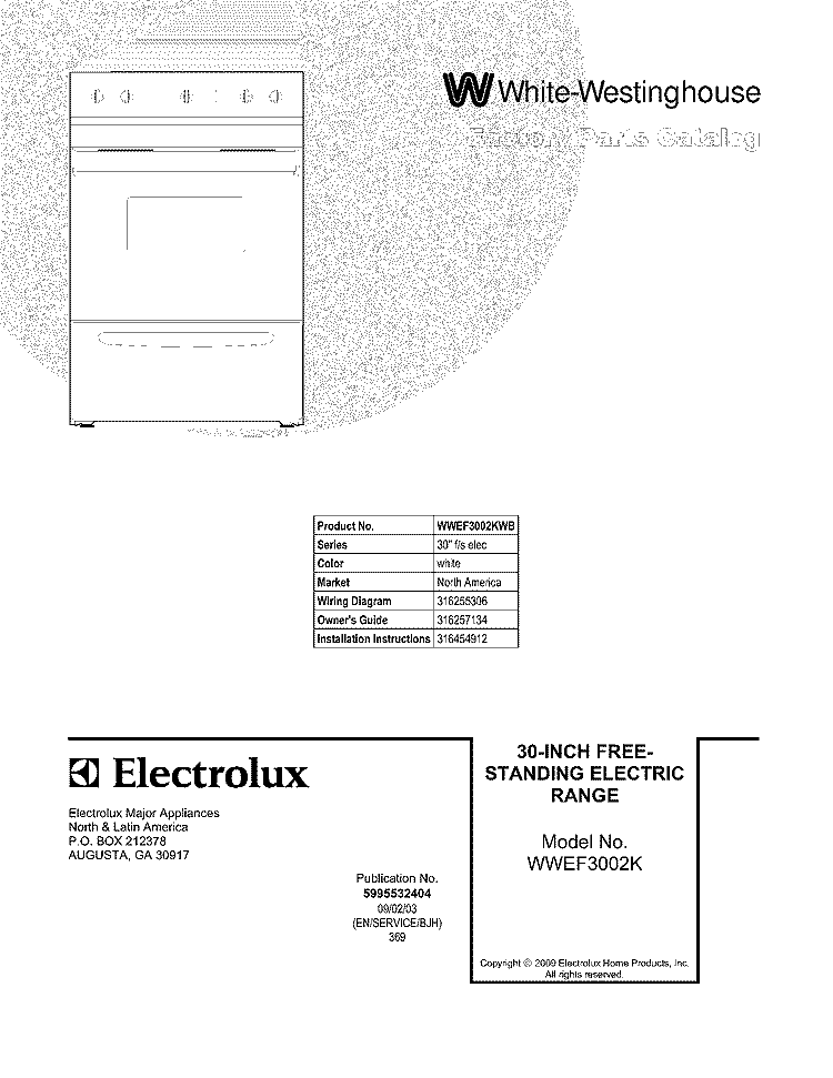 COVER Diagram and Parts List for WWEF3002KWB  Westinghouse Range