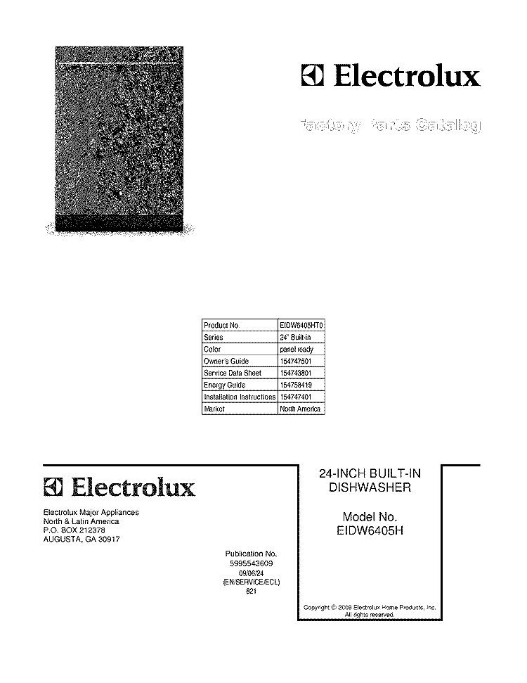 COVER Diagram and Parts List for EIDW6405HT0  Electrolux Dishwasher
