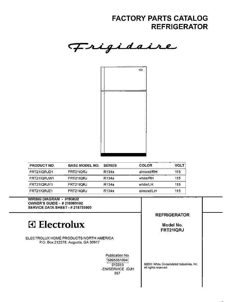 COVER Diagram and Parts List for FRT21IQRJW1  Frigidaire Refrigerator