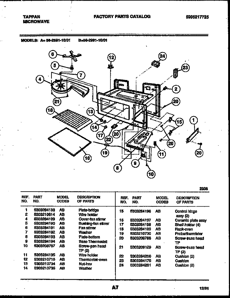 INNER BODY PARTS Diagram and Parts List for 56-2991-10-01  Tappan Microwave