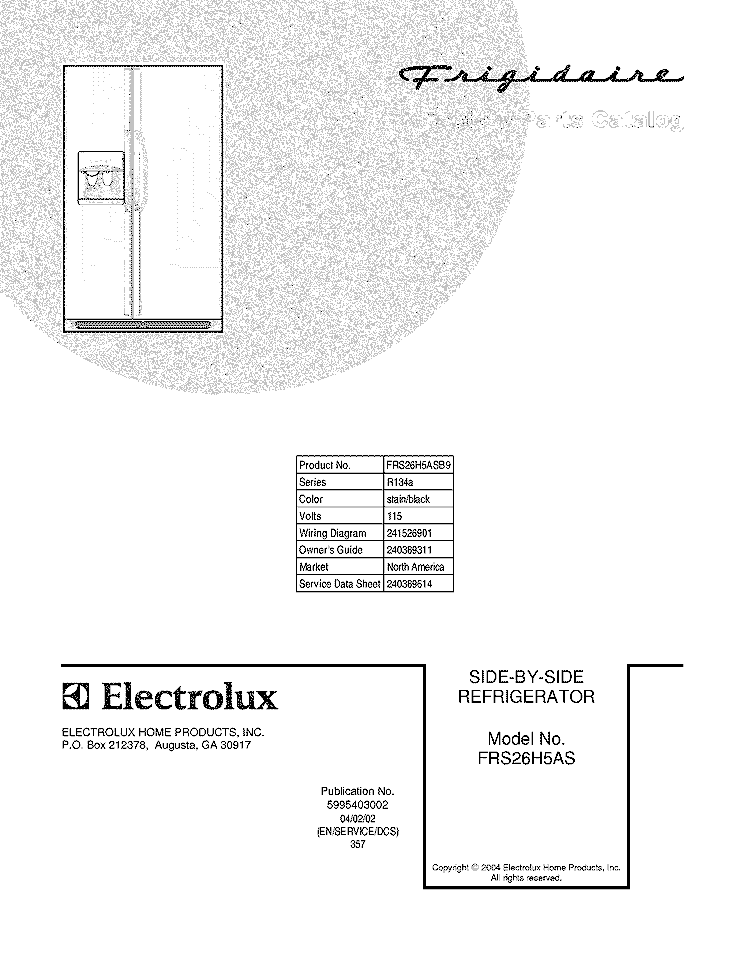 COVER Diagram and Parts List for FRS26H5ASB9  Frigidaire Refrigerator