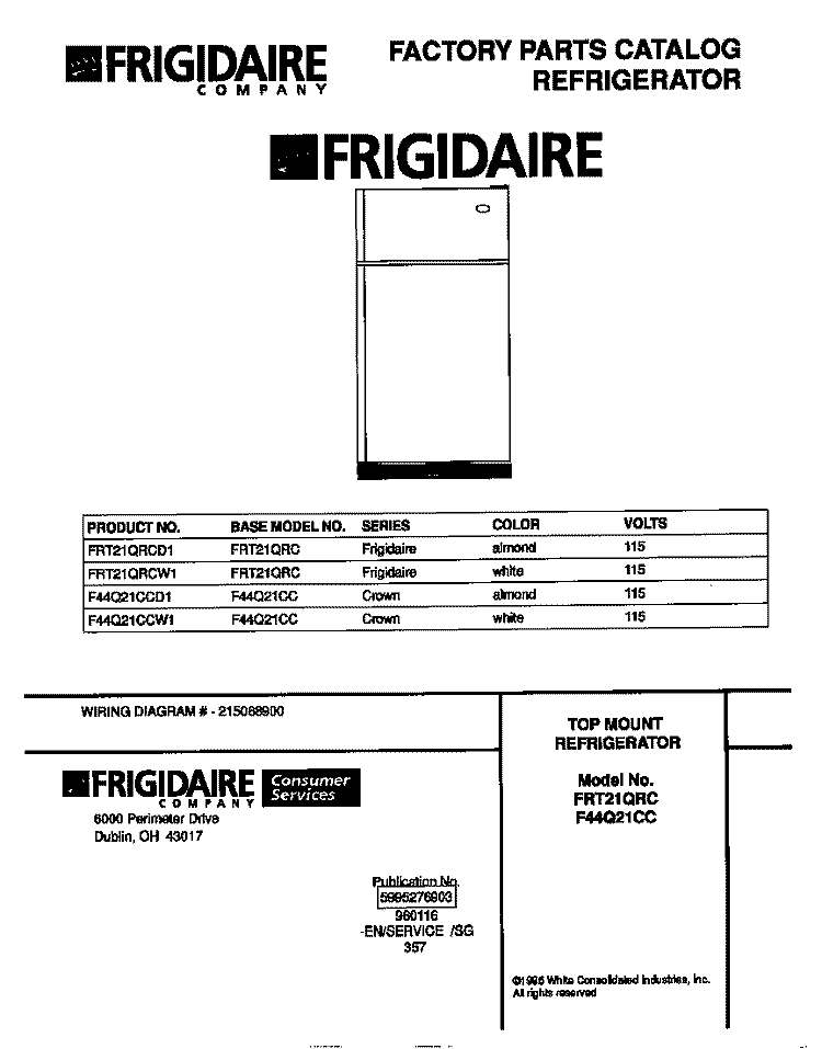 COVER Diagram and Parts List for F44Q21CCD1  Frigidaire Refrigerator
