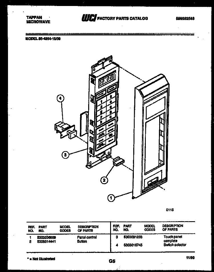 CONTROL PANEL Diagram and Parts List for 56-4994-10-09  Tappan Microwave
