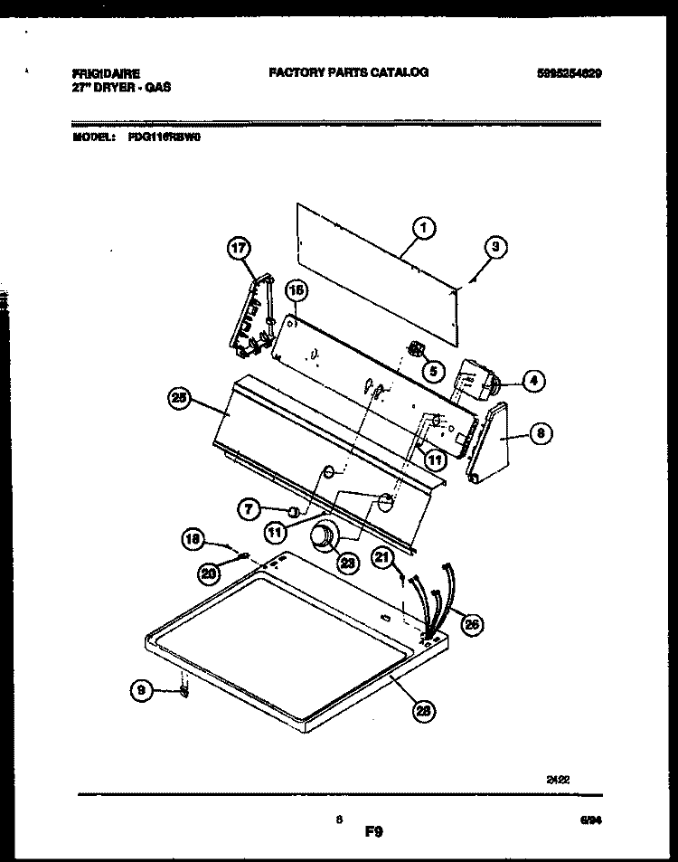 CONSOLE AND CONTROL PARTS Diagram and Parts List for FDG116RBW0  Frigidaire Dryer