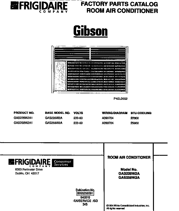 ROOM AIR CONDITIONER Diagram and Parts List for GAS228W2A1  Gibson Air Conditioner