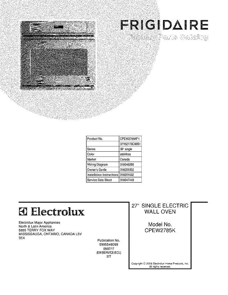 COVER Diagram and Parts List for CPEW2785KF1  Frigidaire Wall Oven