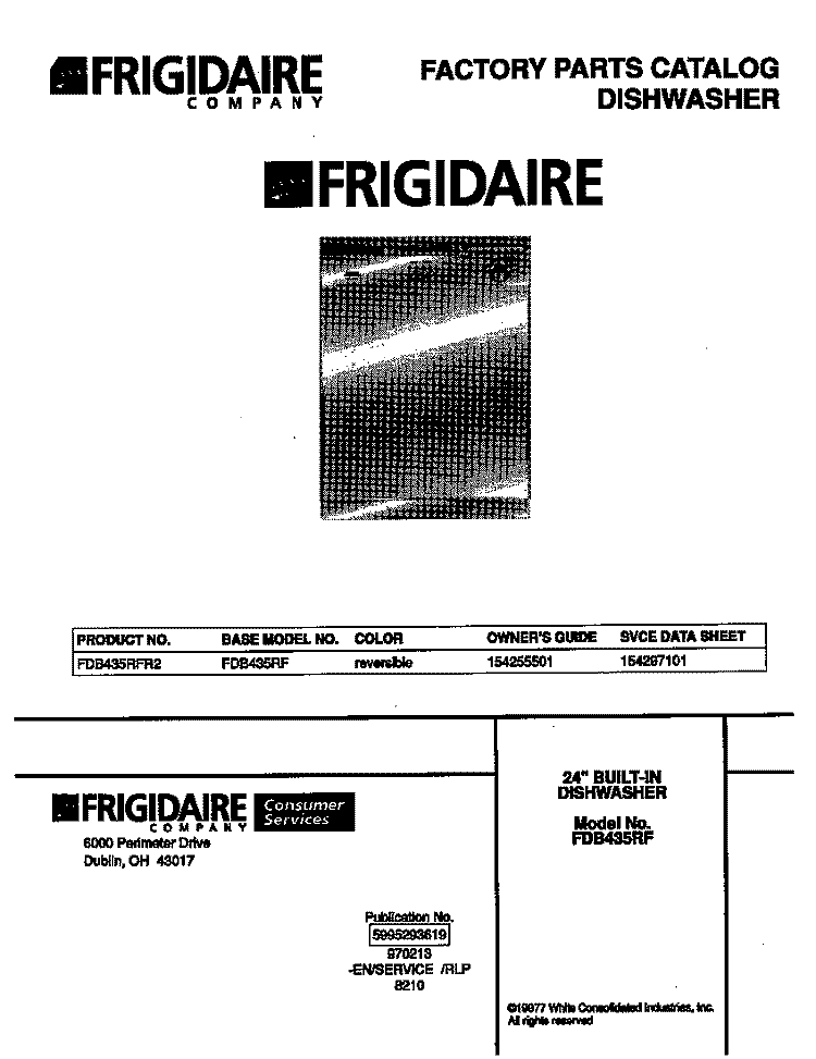 COVER Diagram and Parts List for FDB435RFR2  Frigidaire Dishwasher