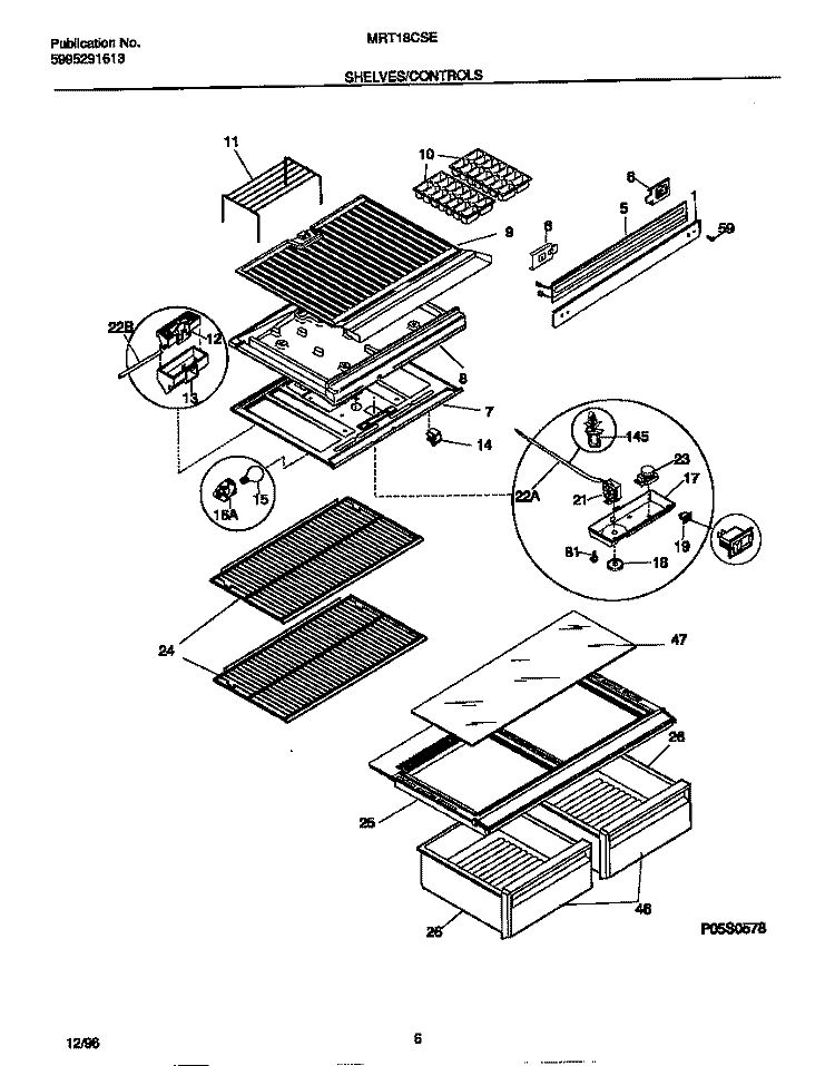 SHELVES / CONTROLS Diagram and Parts List for MRT18CSED1  Frigidaire Refrigerator