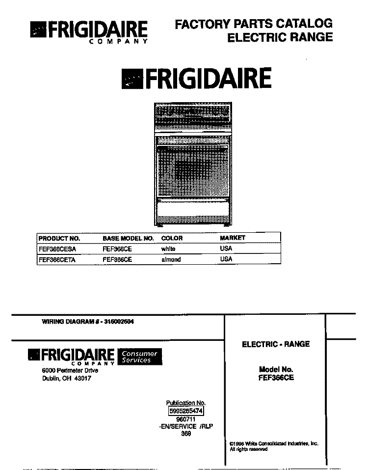 COVER Diagram and Parts List for FEF366CESA  Frigidaire Range