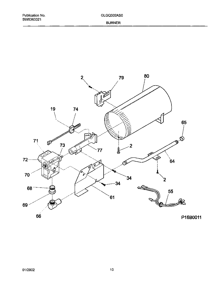 BURNER, VALVE Diagram and Parts List for GLGQ332AS0  Frigidaire Dryer