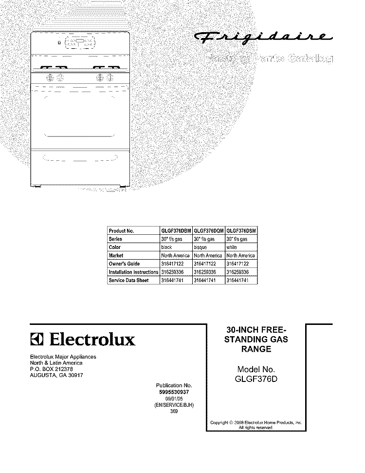 COVER Diagram and Parts List for GLGF376DBM  Frigidaire Range