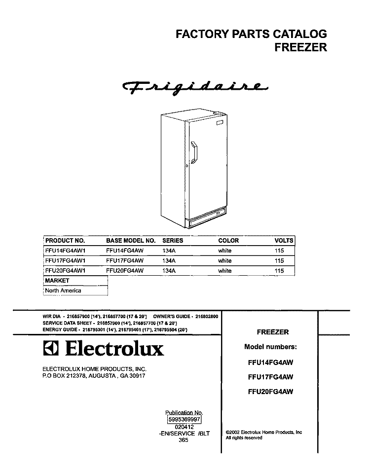 COVER Diagram and Parts List for FFU14FG4AW1  Frigidaire Freezer