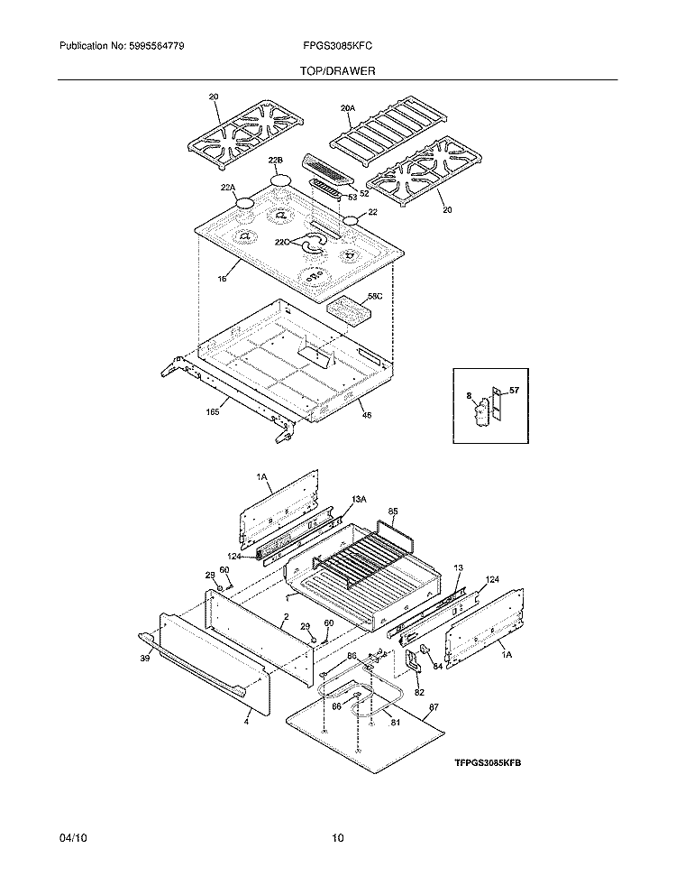 TOP/DRAWER Diagram and Parts List for FPGS3085KFC  Frigidaire Range