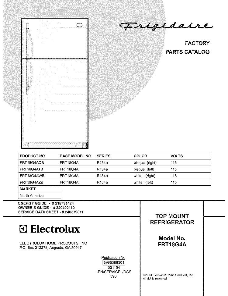COVER Diagram and Parts List for FRT18G4AQB  Frigidaire Refrigerator