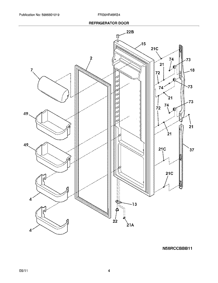 REFRIGERATOR DOOR Diagram and Parts List for FRS6HR45KS4  Frigidaire Refrigerator
