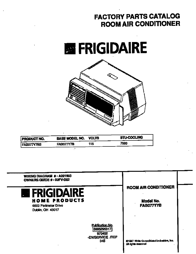 COVER Diagram and Parts List for FAB077Y7B2  Frigidaire Air Conditioner