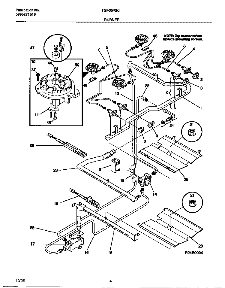 BURNER Diagram and Parts List for TGF354SCWA  Tappan Range