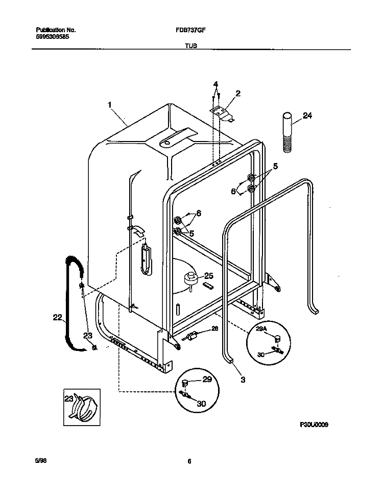 TUB Diagram and Parts List for FDB737GFS2  Frigidaire Dishwasher