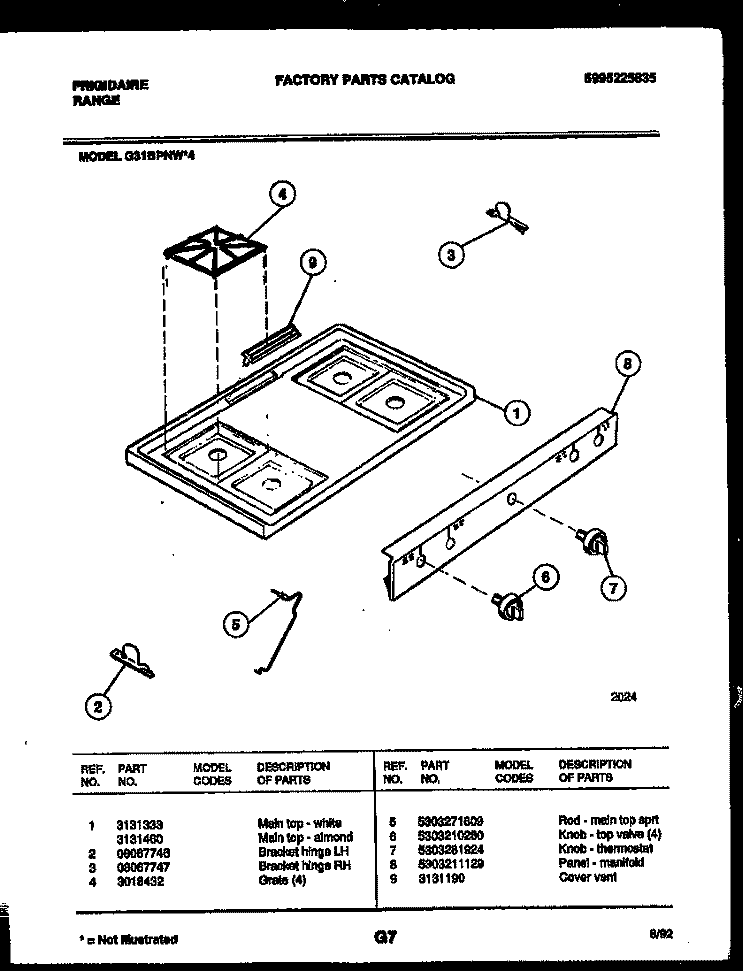 COOKTOP PARTS Diagram and Parts List for G31BPNW4  Frigidaire Range