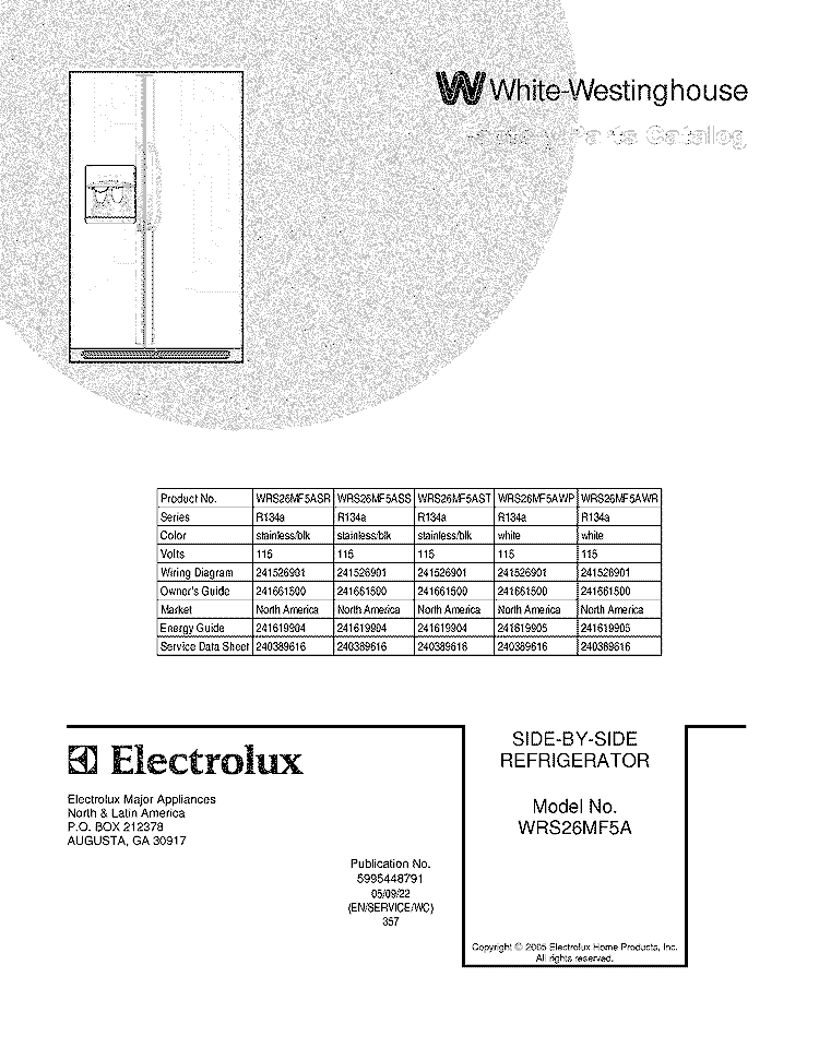 COVER Diagram and Parts List for WRS26MF5ASS  Westinghouse Refrigerator