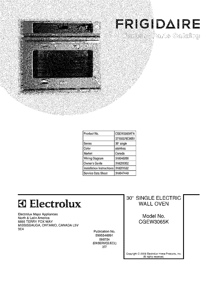COVER Diagram and Parts List for CGEW3065KFA  Frigidaire Wall Oven