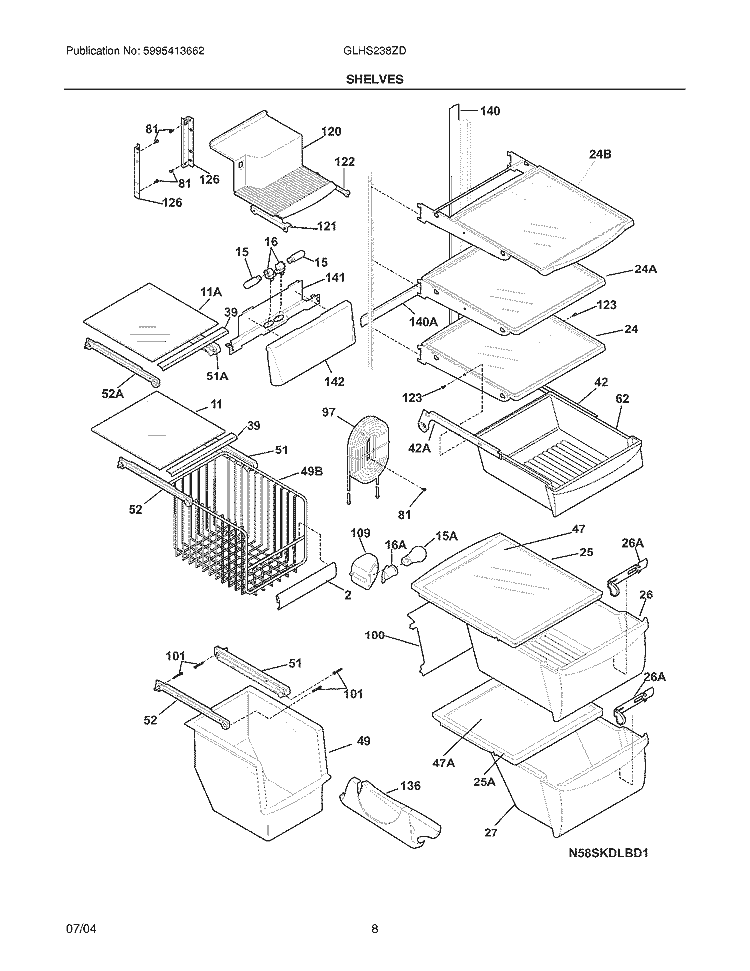 SHELVES Diagram and Parts List for GLHS238ZDB0  Frigidaire Refrigerator
