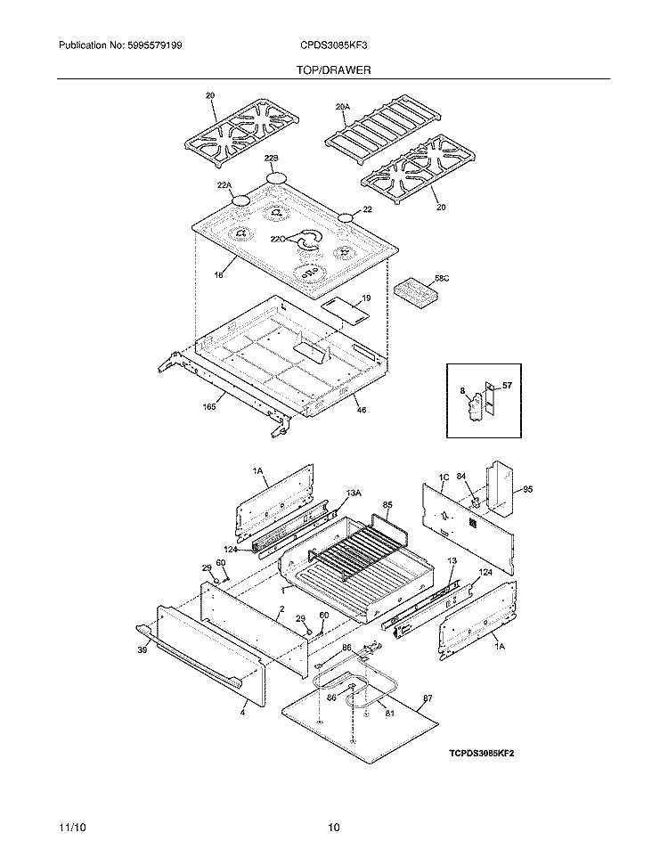 TOP/DRAWER Diagram and Parts List for CPDS3085KF3  Frigidaire Range
