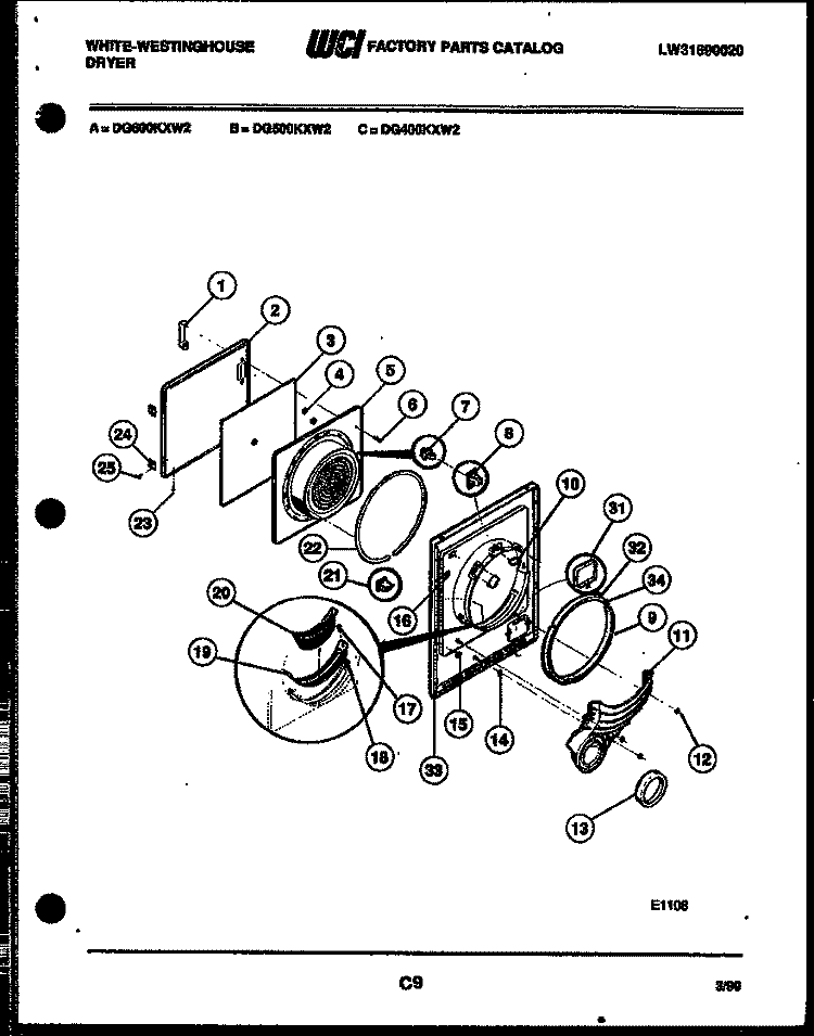 DOOR PARTS Diagram and Parts List for DG500KXW2  Frigidaire Dryer
