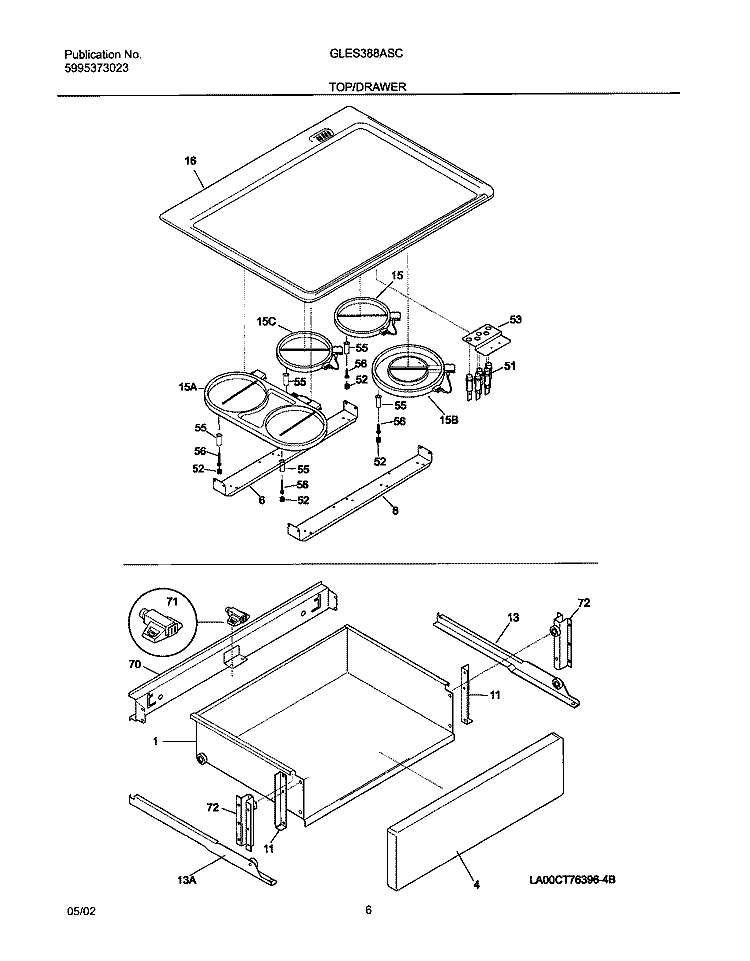 TOP / DRAWER Diagram and Parts List for GLES388ASC  Frigidaire Range