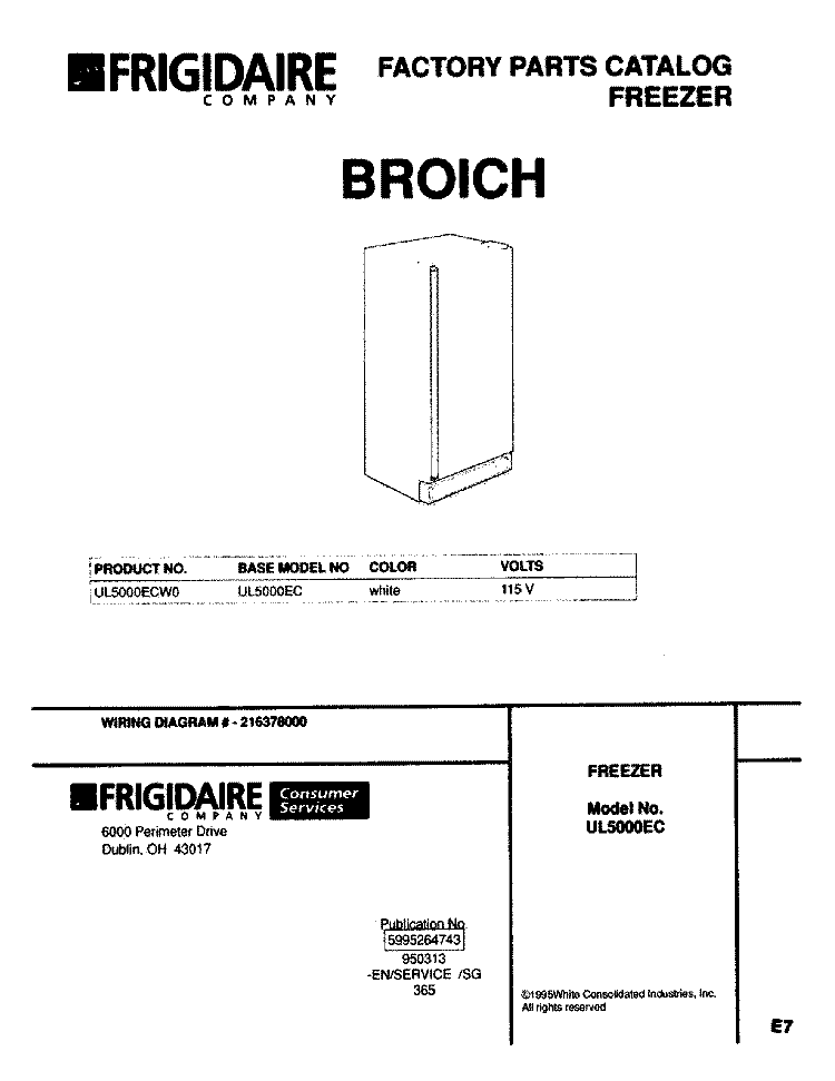 COVER Diagram and Parts List for UL5000ECW0  Frigidaire Freezer