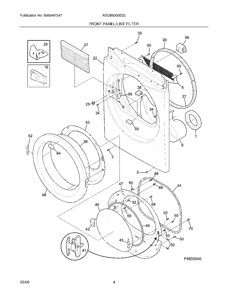 FRONT PANEL / LINT FILTER Diagram and Parts List for AGQB6000ES2  Frigidaire Dryer