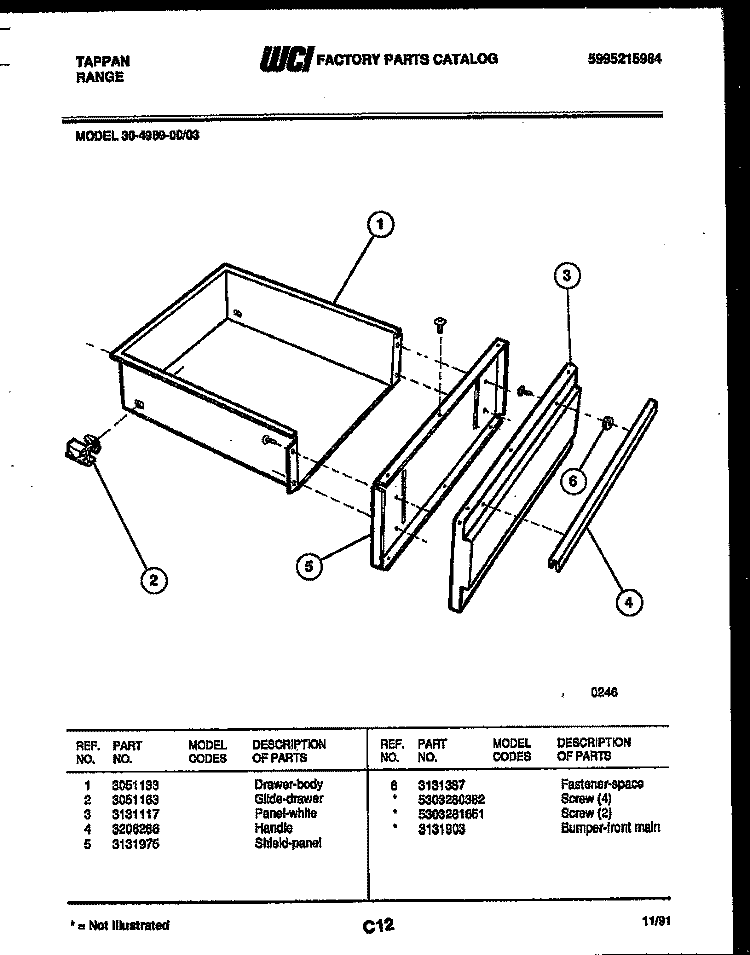 DRAWER PARTS Diagram and Parts List for 30-4989-00-03  Tappan Range